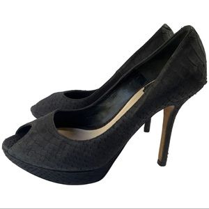 Dior Miss Dior Python Embossed Black Suede Peep Toe Heels